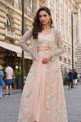 Soft peach silver thread sequins floral motifs french crep blouse dhoti-Full Stitched free size 2