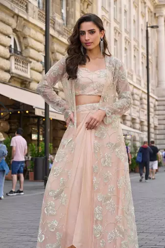 Soft peach silver thread sequins floral motifs french crep blouse dhoti-Full Stitched free size