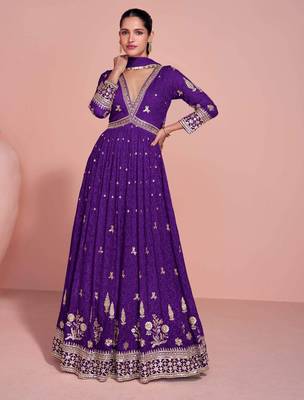 Royal purple golden embroidery sequins thread work gerogette anarkali gown-Full Stitched free size 1