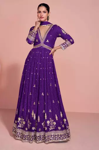 Royal purple golden embroidery sequins thread work gerogette anarkali gown-Full Stitched free size