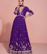 Royal purple golden embroidery sequins thread work gerogette anarkali gown-Full Stitched free size