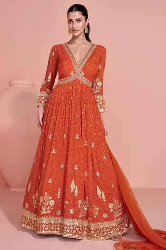 Rust orange golden embroidery sequins thread work gerogette anarkali gown-Full Stitched free size
