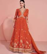 Rust orange golden embroidery sequins thread work gerogette anarkali gown-Full Stitched free size