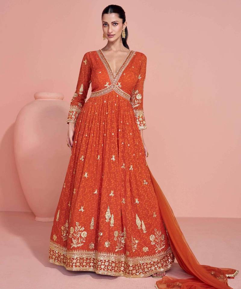 Rust orange golden embroidery sequins thread work gerogette anarkali gown-Full Stitched free size