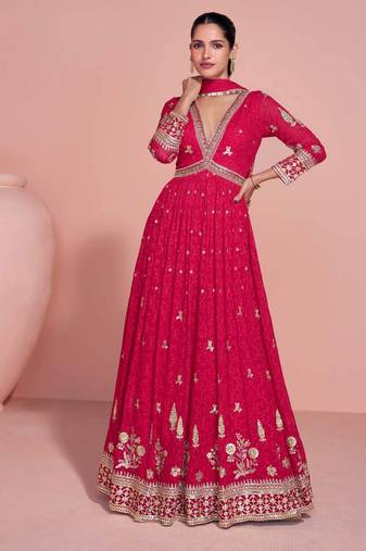 Rani pink golden embroidery sequins thread work gerogette anarkali gown-Full Stitched free size