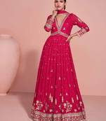 Rani pink golden embroidery sequins thread work gerogette anarkali gown-Full Stitched free size