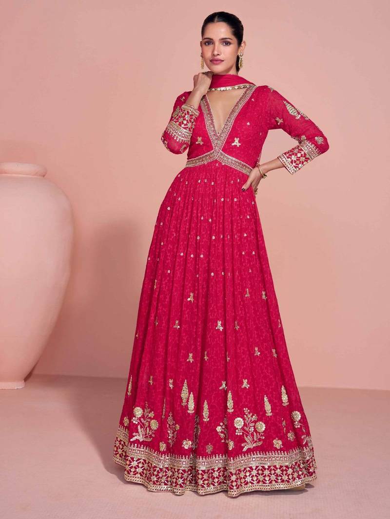 Rani pink golden embroidery sequins thread work gerogette anarkali gown-Full Stitched free size