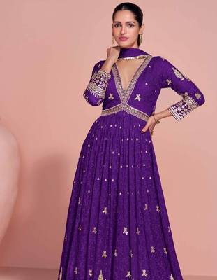 Royal purple golden embroidery sequins thread work gerogette anarkali gown-Full Stitched free size 2
