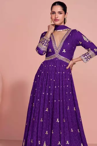 Royal purple golden embroidery sequins thread work gerogette anarkali gown-Full Stitched free size