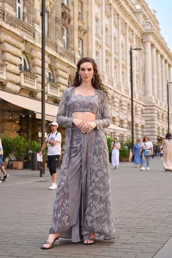 Grey silver silver thread sequins floral motifs french crep blouse dhoti-Full Stitched free size