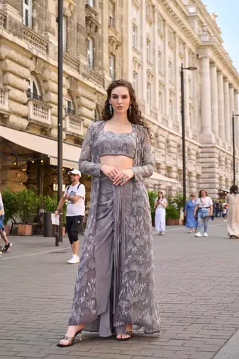 Grey silver silver thread sequins floral motifs french crep blouse dhoti-Full Stitched free size