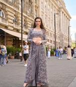 Grey silver silver thread sequins floral motifs french crep blouse dhoti-Full Stitched free size