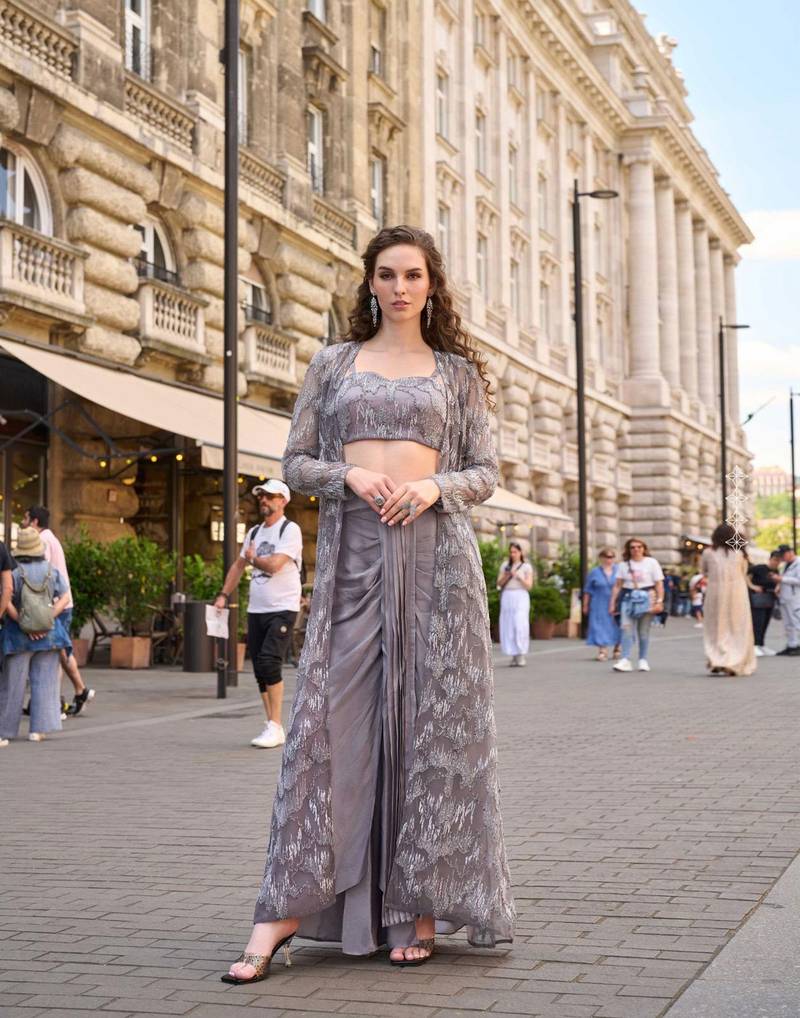 Grey silver silver thread sequins floral motifs french crep blouse dhoti-Full Stitched free size