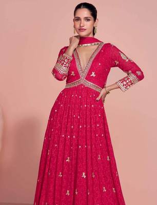 Rani pink golden embroidery sequins thread work gerogette anarkali gown-Full Stitched free size 2