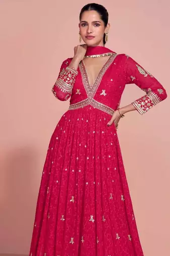 Rani pink golden embroidery sequins thread work gerogette anarkali gown-Full Stitched free size