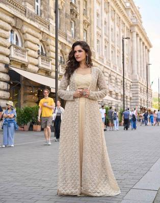 Golden beige silver thread sequins floral motifs french crep blouse dhoti-Full Stitched free size 1