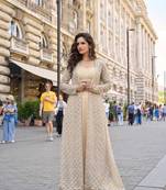 Golden beige silver thread sequins floral motifs french crep blouse dhoti-Full Stitched free size