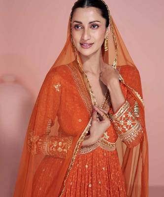 Rust orange golden embroidery sequins thread work gerogette anarkali gown-Full Stitched free size 2