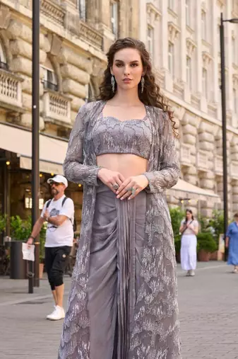 Grey silver silver thread sequins floral motifs french crep blouse dhoti-Full Stitched free size