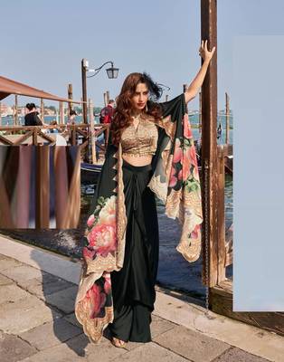 Black embroidery and digital hand work only french crep blouse dhoti-Full Stitched free size 1