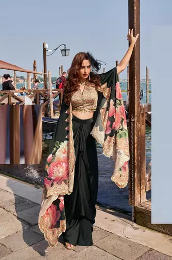 Black embroidery and digital hand work only french crep blouse dhoti-Full Stitched free size