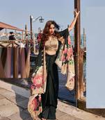 Black embroidery and digital hand work only french crep blouse dhoti-Full Stitched free size
