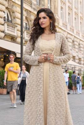Golden beige silver thread sequins floral motifs french crep blouse dhoti-Full Stitched free size 2
