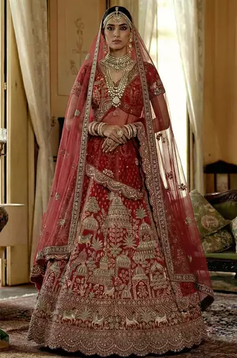 red embroidered silk bridal lehenga set choli with dupatta with double dupatta