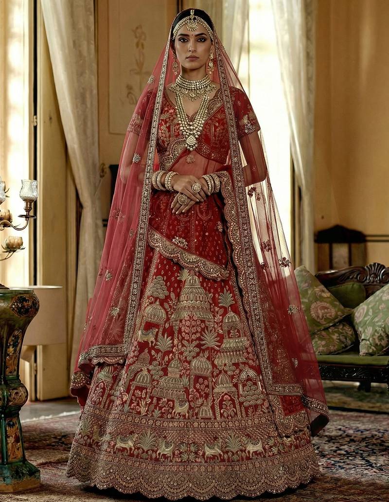 red embroidered silk bridal lehenga set choli with dupatta with double dupatta