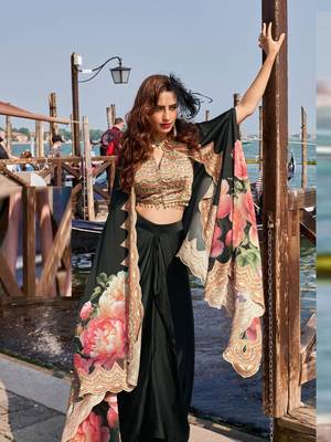 Black embroidery and digital hand work only french crep blouse dhoti-Full Stitched free size 2