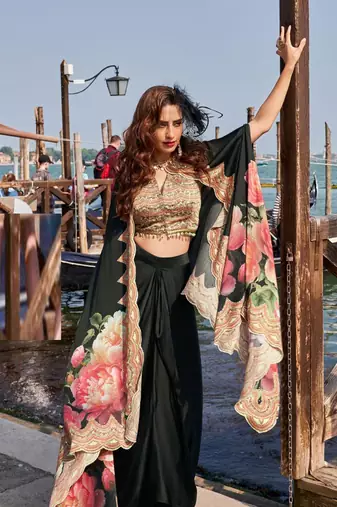 Black embroidery and digital hand work only french crep blouse dhoti-Full Stitched free size