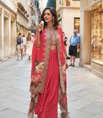 Red embroidery and digital hand work only french crep blouse dhoti-Full Stitched free size