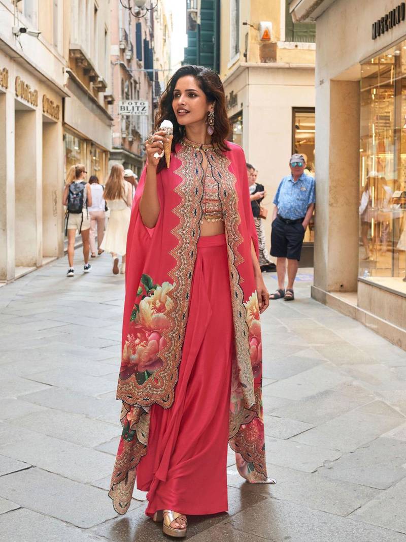 Red embroidery and digital hand work only french crep blouse dhoti-Full Stitched free size