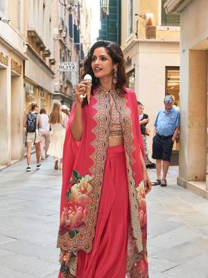 Red embroidery and digital hand work only french crep blouse dhoti-Full Stitched free size 2