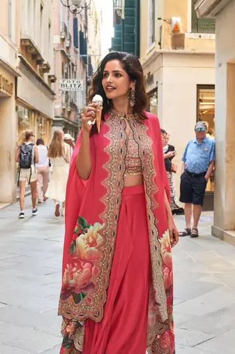 Red embroidery and digital hand work only french crep blouse dhoti-Full Stitched free size