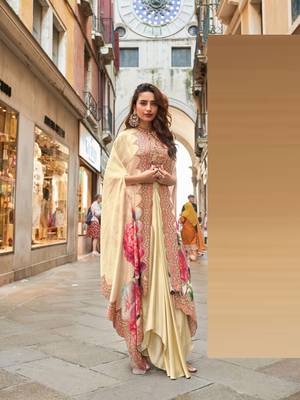 Beige embroidery and digital hand work only french crep blouse dhoti-Full Stitched free size 1