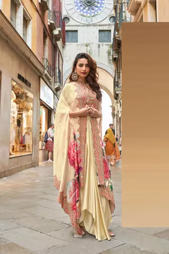 Beige embroidery and digital hand work only french crep blouse dhoti-Full Stitched free size
