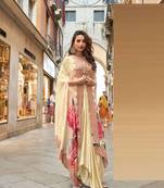 Beige embroidery and digital hand work only french crep blouse dhoti-Full Stitched free size