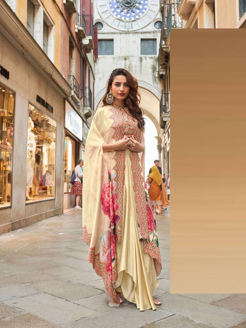 Beige embroidery and digital hand work only french crep blouse dhoti-Full Stitched free size