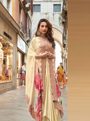 Beige embroidery and digital hand work only french crep blouse dhoti-Full Stitched free size 2