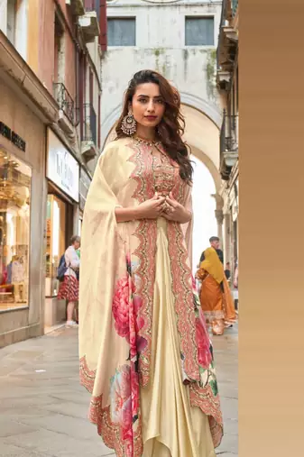 Beige embroidery and digital hand work only french crep blouse dhoti-Full Stitched free size
