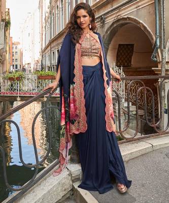 Navy blue embroidery and digital hand work only french crep blouse dhoti-Full Stitched free size 1