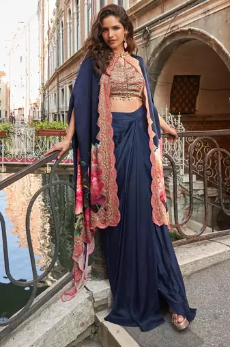 Navy blue embroidery and digital hand work only french crep blouse dhoti-Full Stitched free size