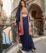 Navy blue embroidery and digital hand work only french crep blouse dhoti-Full Stitched free size