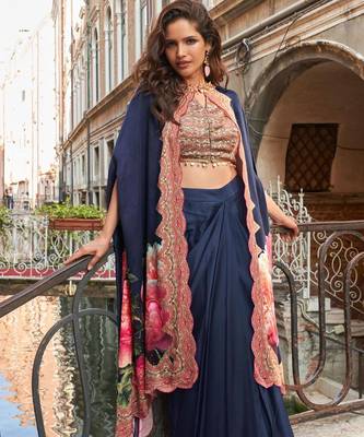 Navy blue embroidery and digital hand work only french crep blouse dhoti-Full Stitched free size 2
