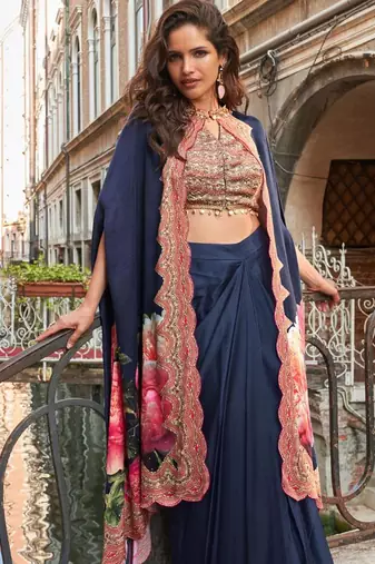 Navy blue embroidery and digital hand work only french crep blouse dhoti-Full Stitched free size