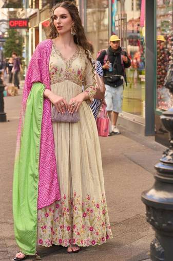 Parrot green simmar silk anarkali with thread & sequin work small motifs and detailed border.