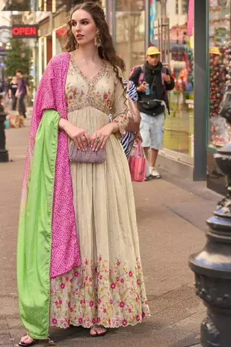 Parrot green simmar silk anarkali with thread & sequin work small motifs and detailed border.