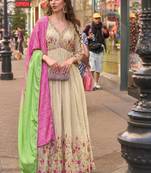 Parrot green simmar silk anarkali with thread & sequin work small motifs and detailed border.