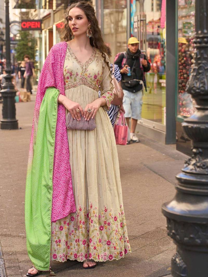 Parrot green simmar silk anarkali with thread & sequin work small motifs and detailed border.